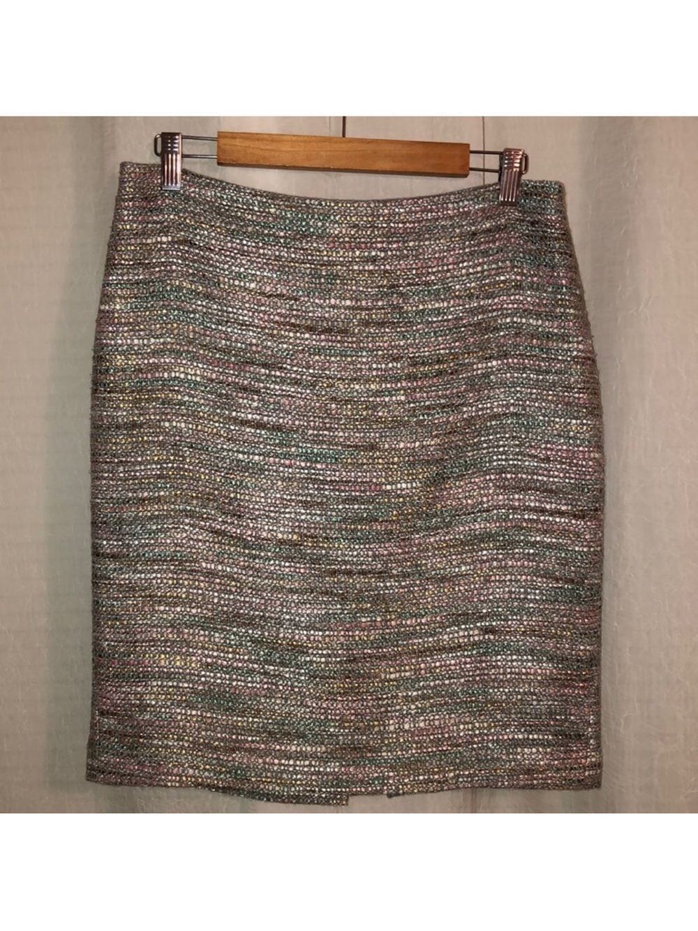 Ann Taylor 10 Tweed Wool Blend Satin Multicolored Ribbon Striped Pencil Skirt